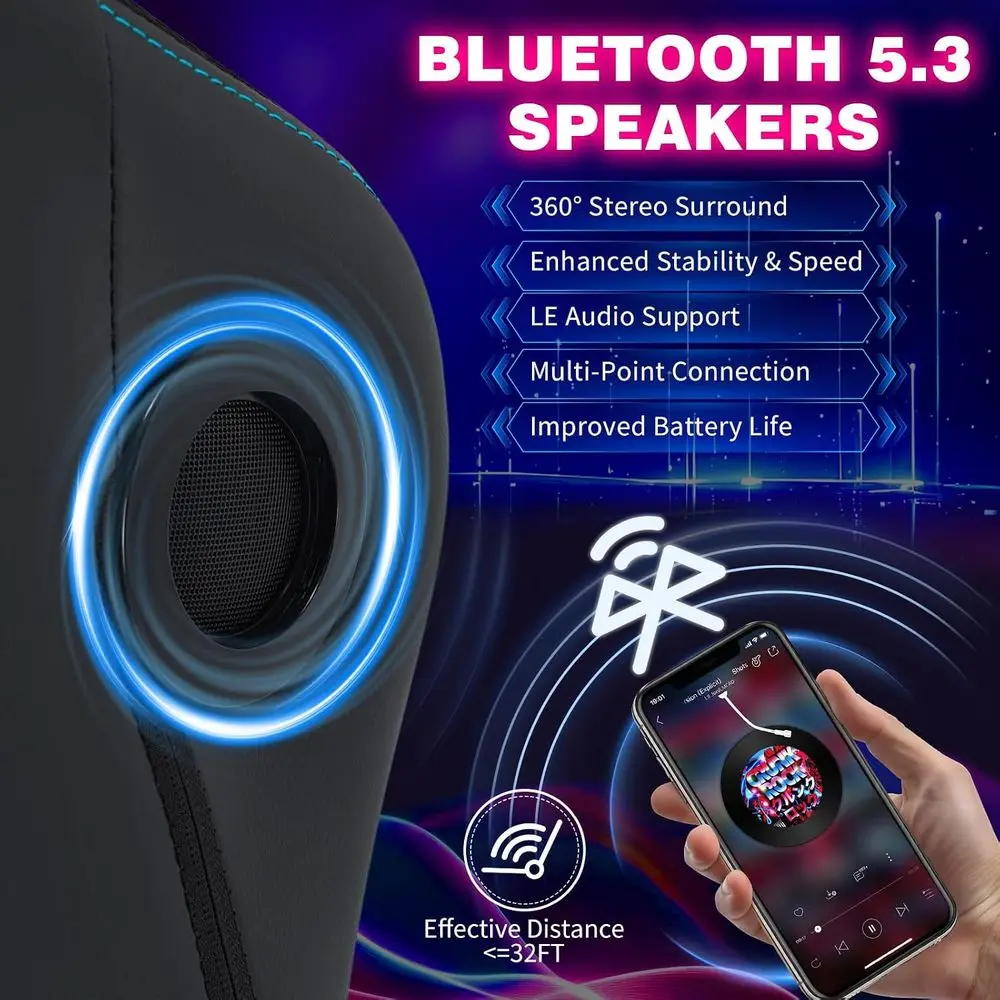 Gaming Chair with LED Lights Speakers Massage Big Tall Computer Chair-Blue | RGB Game Chair with Bluetooth;Widened Seatting;High view 3