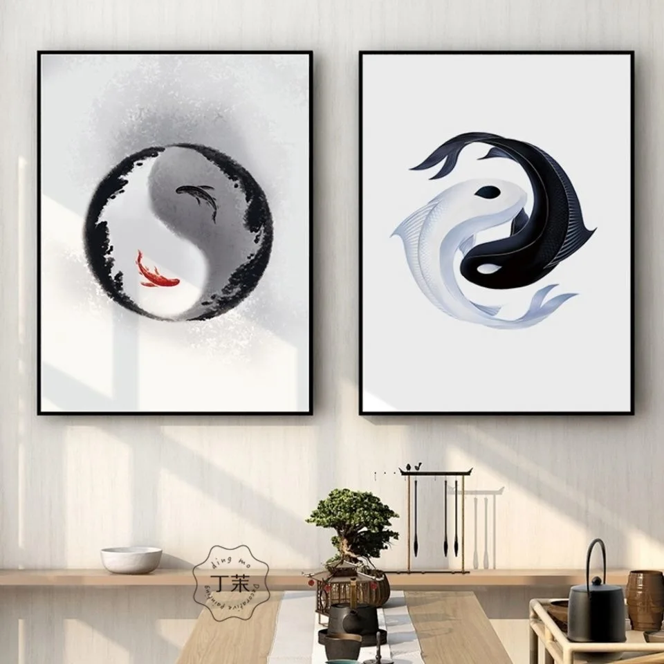 Abstract Yin Yang Fish New Chinese Zen Canvas Painting Decoration Tea Room Study Entrance