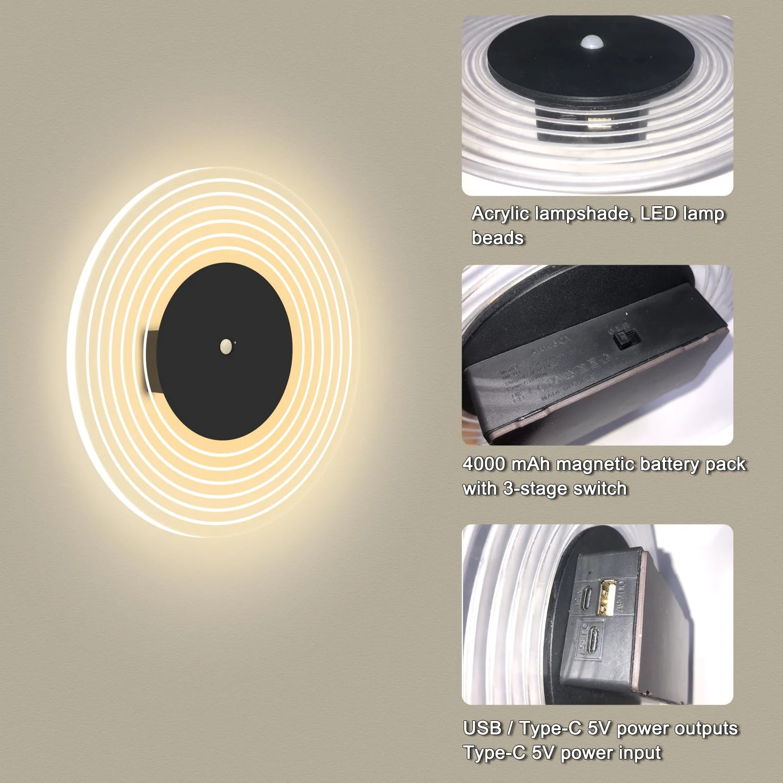 4000mAh LED Recarregável Luzes de Parede Funcionadas por Bateria Arandela Interior com Sensor de Movimento Lâmpada de Parede Magnética Sem Fio