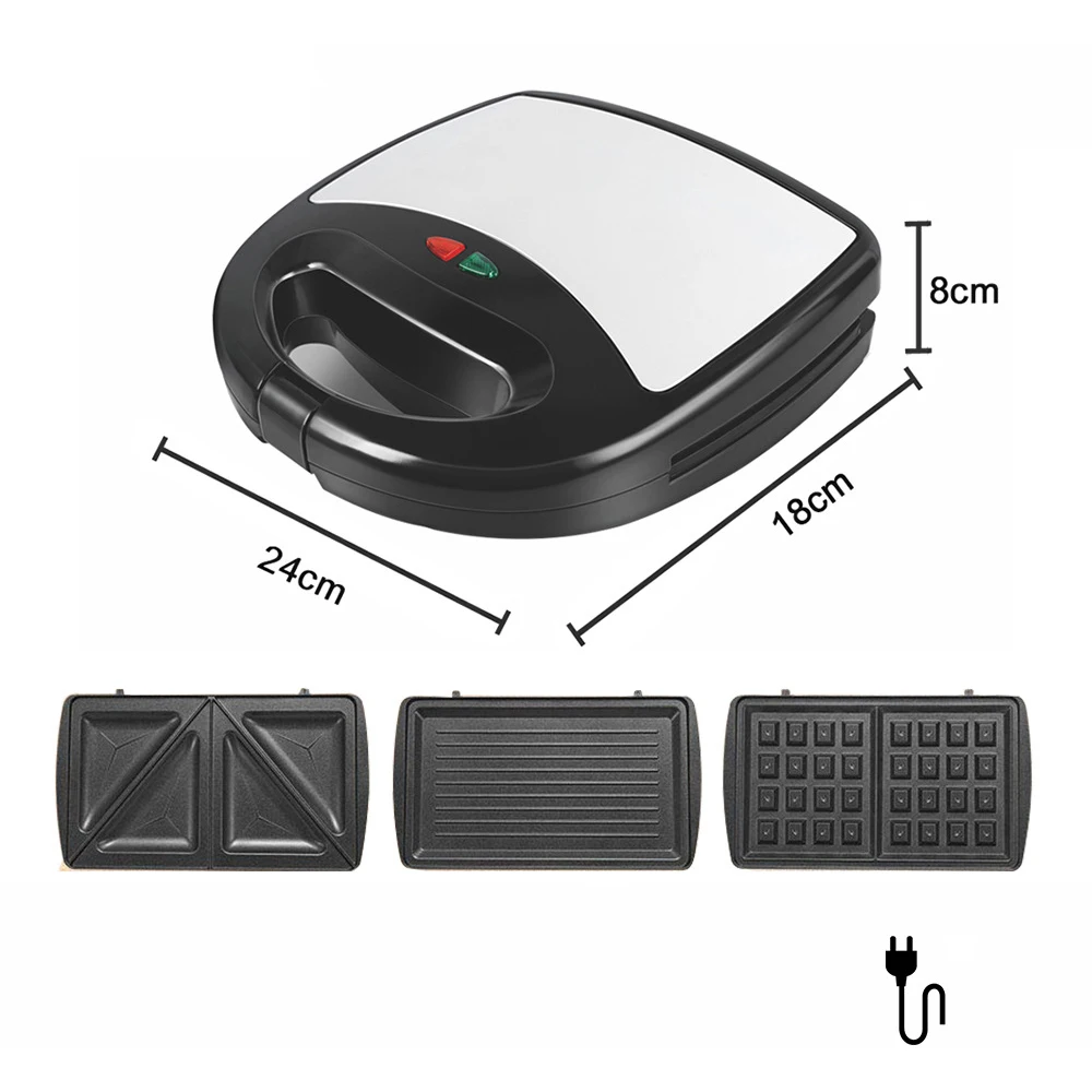 ماكينة الإفطار متعددة الوظائف 3IN1 بقدرة 220 فولت 750 وات ماكينة صنع شرائح الوافل الكهربائية المشوية مع 3 أطباق غير لاصقة قابلة للإزالة