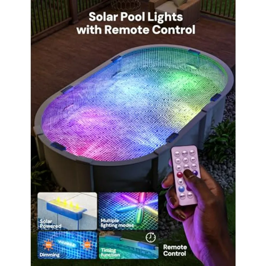 Solar pool lights for above ground inground pools: IP68 waterproof, 9 RGB color LED, 3.6ft cord remote, underwater lighting for
