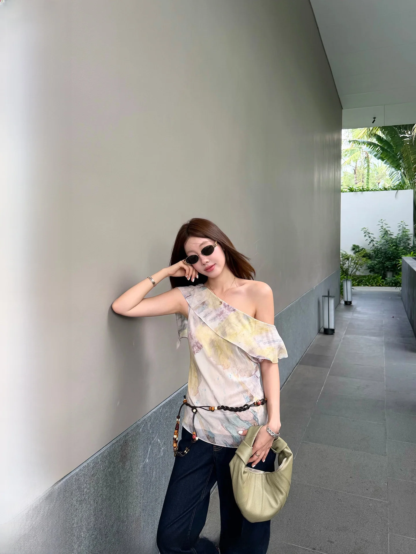 

Ranwear Gabrielle Vintage Print Asymmetrical Sash Fitted Drapey Top Women's Commute Style Polyester Fiber Short Sleeve Shirt