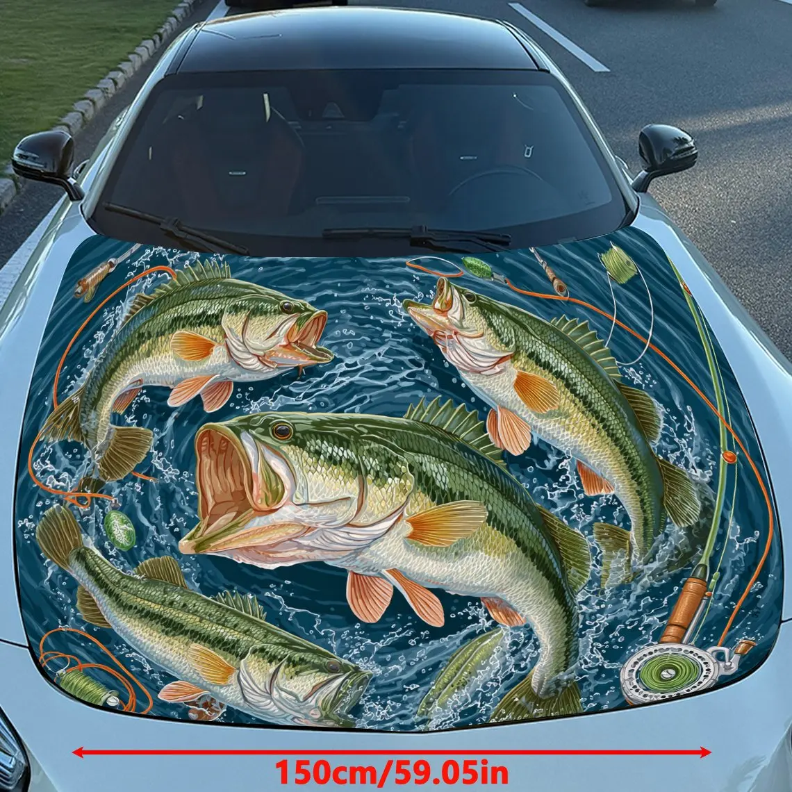Dynamic Group of Bass in Blue - Green Waters Pattern car hood stickers, waterproof self-adhesive, scratch resistant, easy to sti