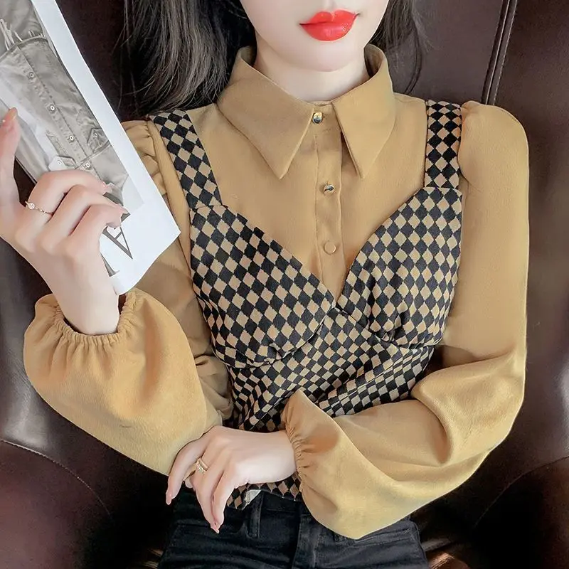 French Retro Autumn and Winter New Lapel Shirt Women's Plaid Print Slim Fit Pullover Versatile Fake Two-piece Puff Sleeve Top