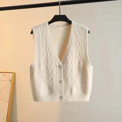 2025 Spring Short Knitted Vest Women Korean Slim V-Neck Sleeveless Sweater Coat Lady Single Breasted Cardigan Sweater Waistcoat