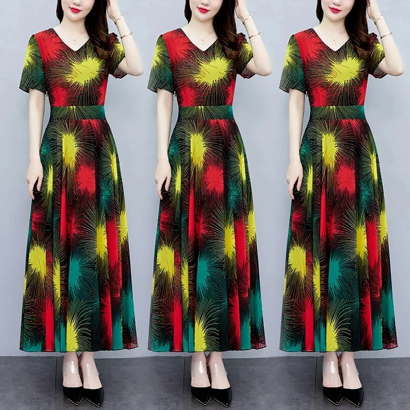 High-end Floral Chiffon Dress Long 2023 Summer New Big Size Fat MM Waist Slimming Belly Cover Skirt