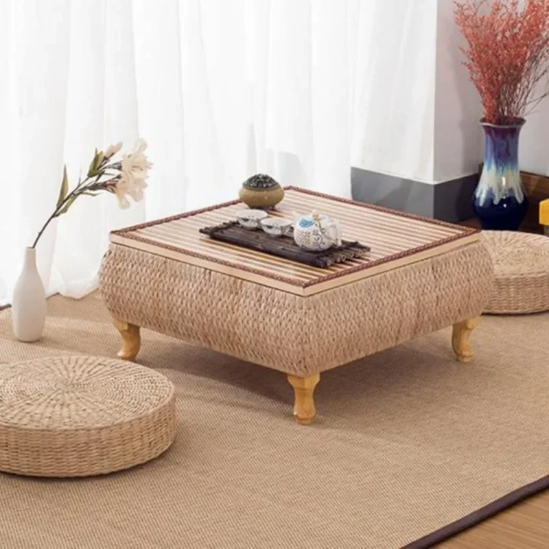 

Japanese Rattan Tatami Table Balcony Bay Window Small End Table Low Coffee Table Bedroom Floor Square Table Futon Cushion