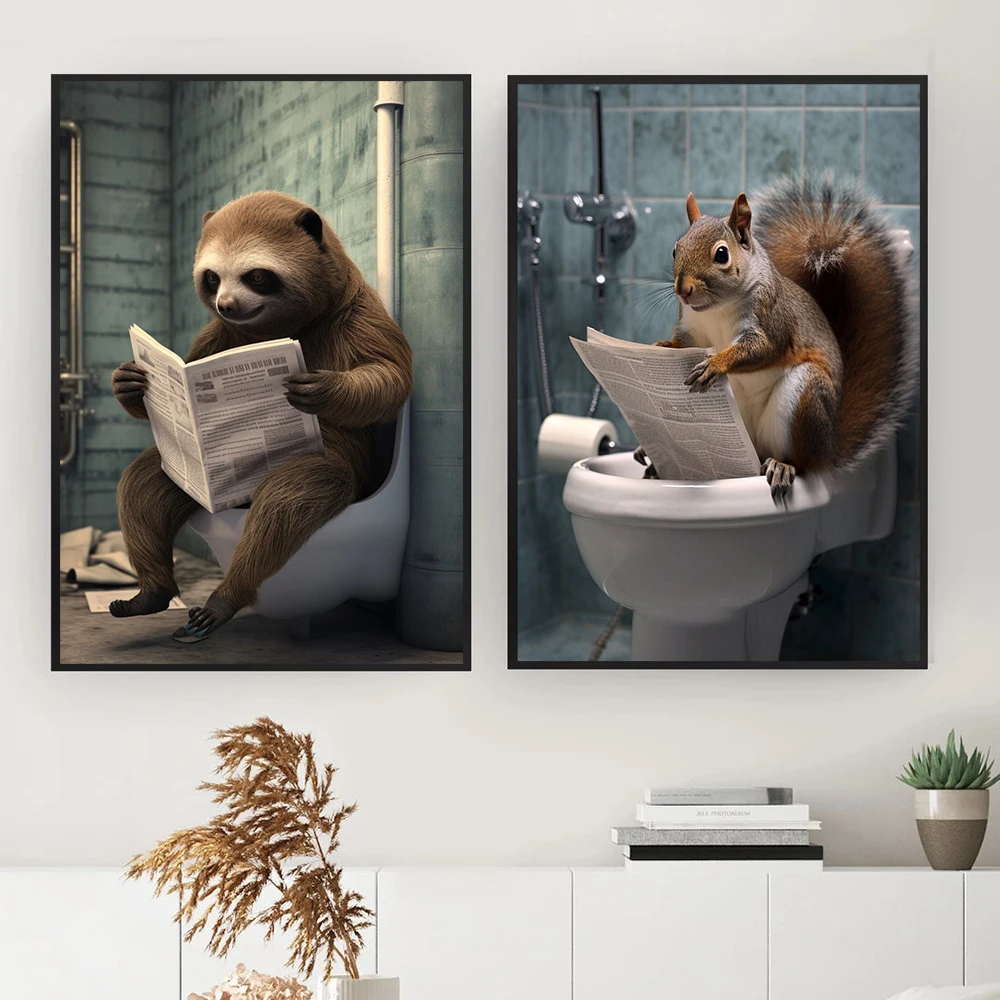 Squirrel Sloth Sitting on the Toilet Reading a Newspaper Poster Funny Bathroom Print Wall Art Humour Home Decor Canvas Painting