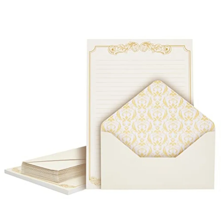 

Letter Paper and Envelopes Set - 60 Sheets 7.2 x 10.2 In and 30 Ivory Envelopes (4 x 7.7 in), Gold Border, 100 GSM - Vintage Li