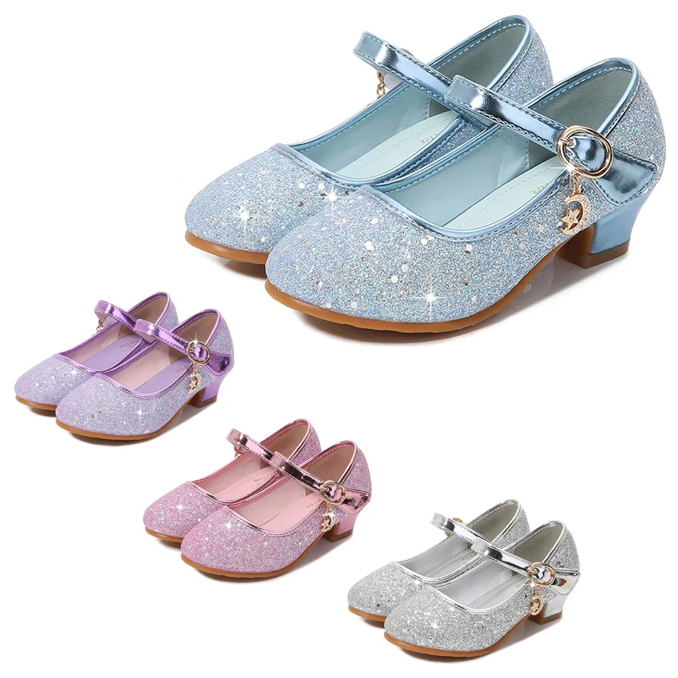 Princess Shoes Spring Elsa Cosplay Crystal Sequins High Shoes Solid Blue Glitter Kids Girl Rapunzel Accessories