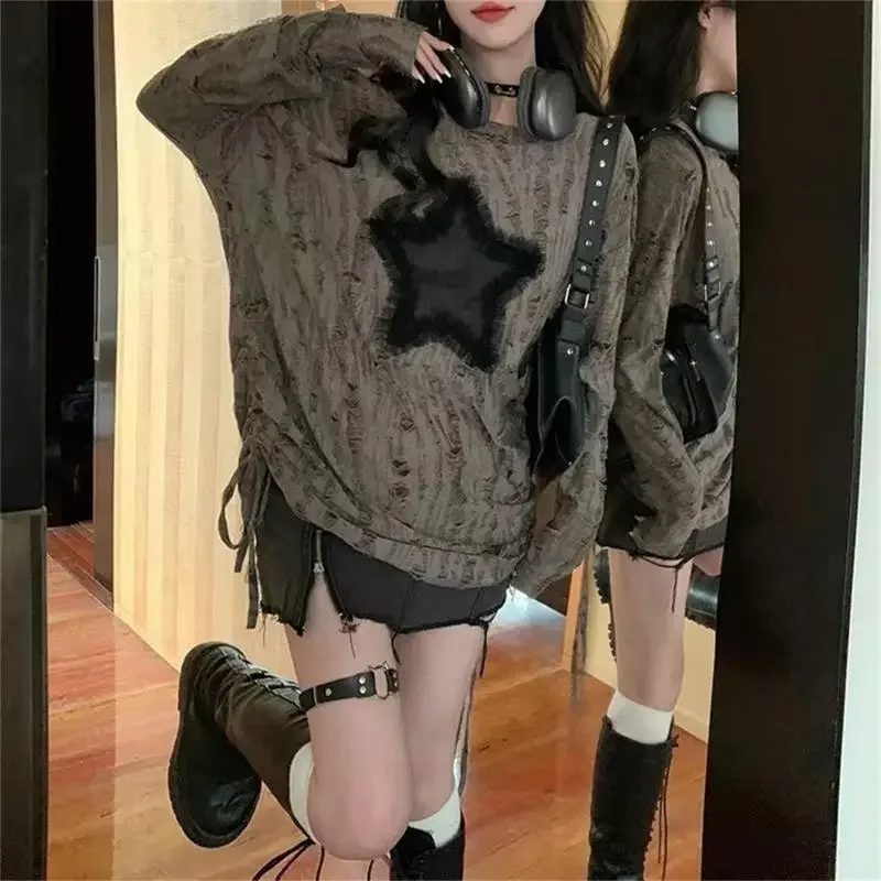 Grunge Hole T-shirt Women Fashion Star Print Y2k Aesthetic Loose Tees Kpop Fairycore Ripped Tshirt Harajuku Gothic Streetwear