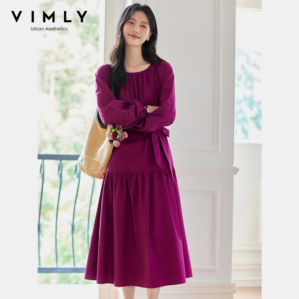 

VIMLY Long Dresses 2025 Woman Autumn Elegant Party Pure Cotton Embroidered Hollow Out Dresses Round Neck A-line Lady Dress A2013