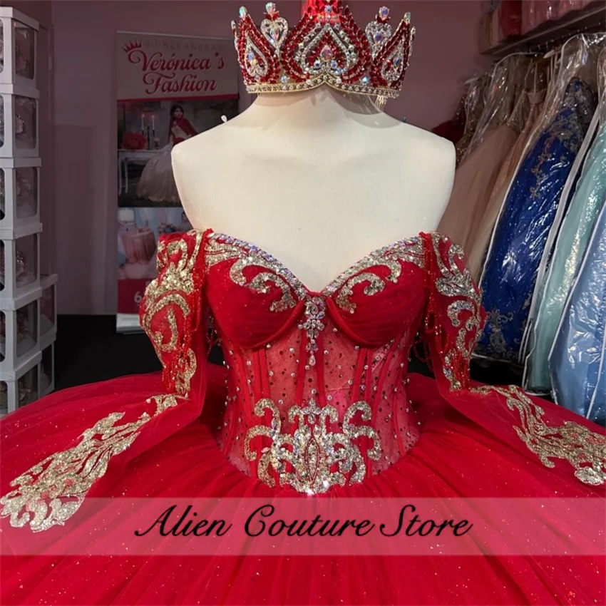 Red Long Sleeve Beading Quinceanera Dresses Ball Gown Sequins Appliques Crystals Sweet 15 Birthday Party Gown Customized