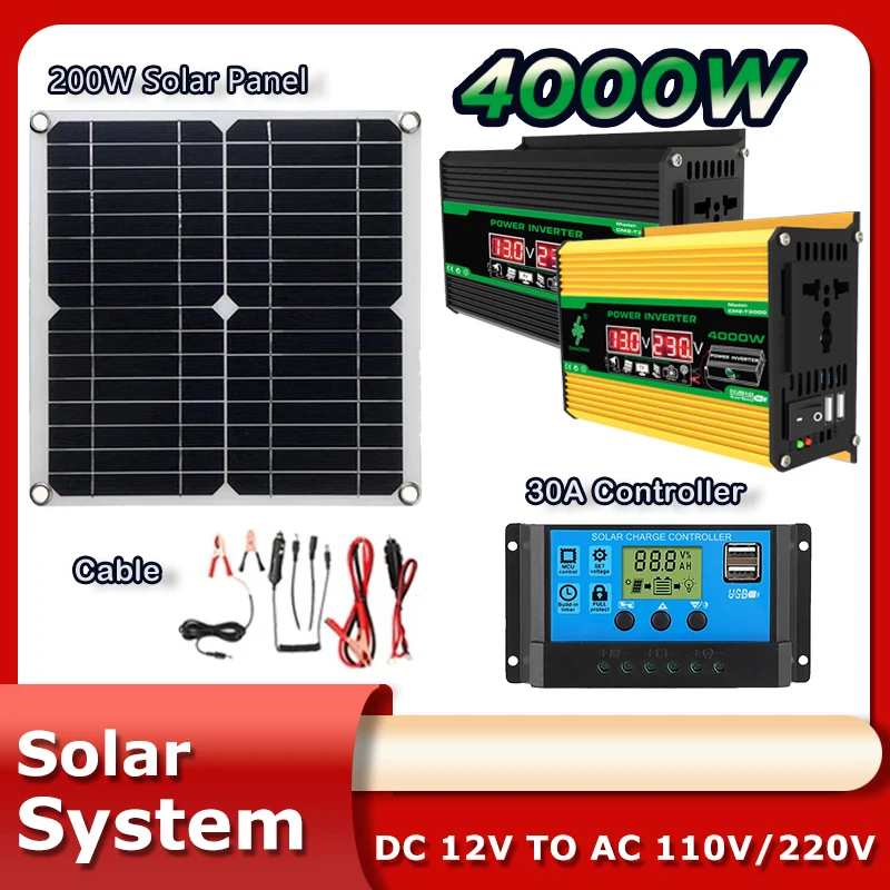 110V/220V 4000W Inverter 30A Controller Full Power Kit Charger Car Solar Power Bank System 5V Solar Panel Camping for Home Plug