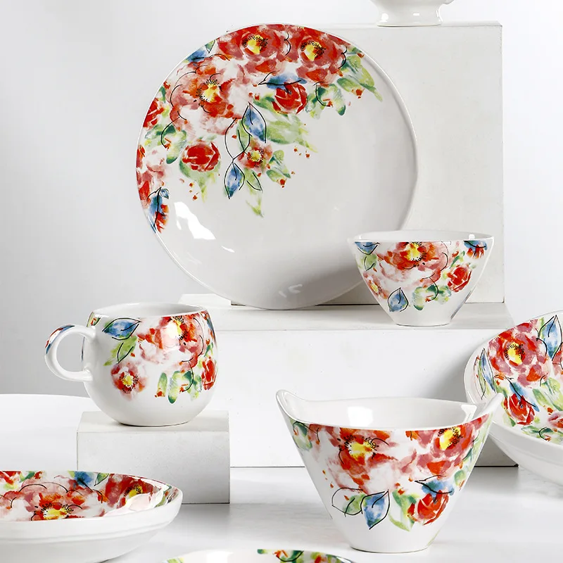 French Country Ceramic Bowls Set Rice Noodle Salad Soup Bowls Irregular Design High Aesthetic