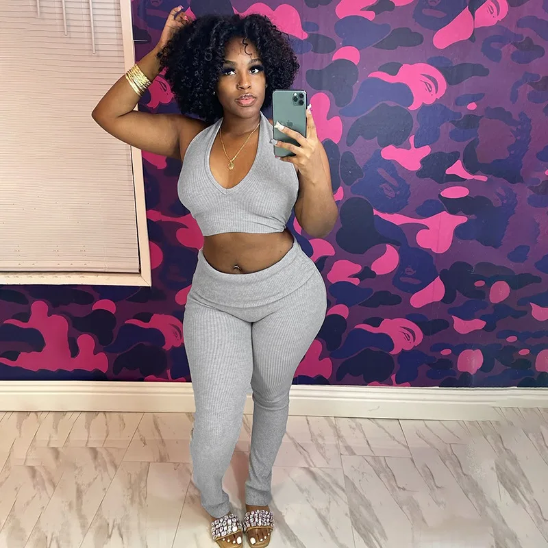 

2025 Autumn Solid Knitted Ribbed Casual 2 Piece Set Women Sexy Halter Backless Tank Top Patchwork Pencil Pants Streetwear Outfit