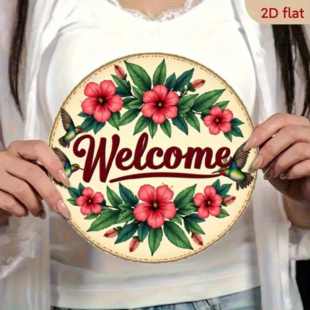 Decoração de parede de metal de boas-vindas rústica - Arte em alumínio de beija-flor floral redondo
