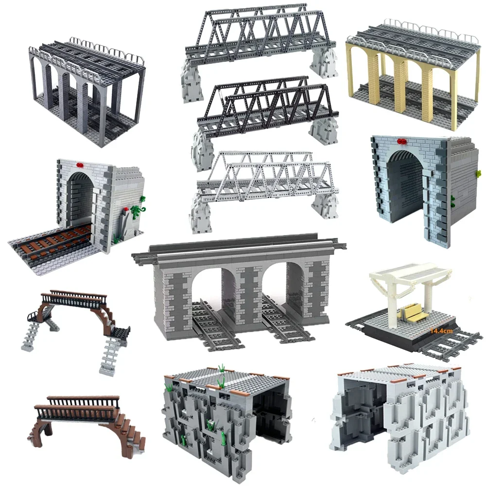 Train Station Bridge Brick Signs Signal Lights Model City Train Tracks Trein Track Rails Straight Curved Railway Building Blocks