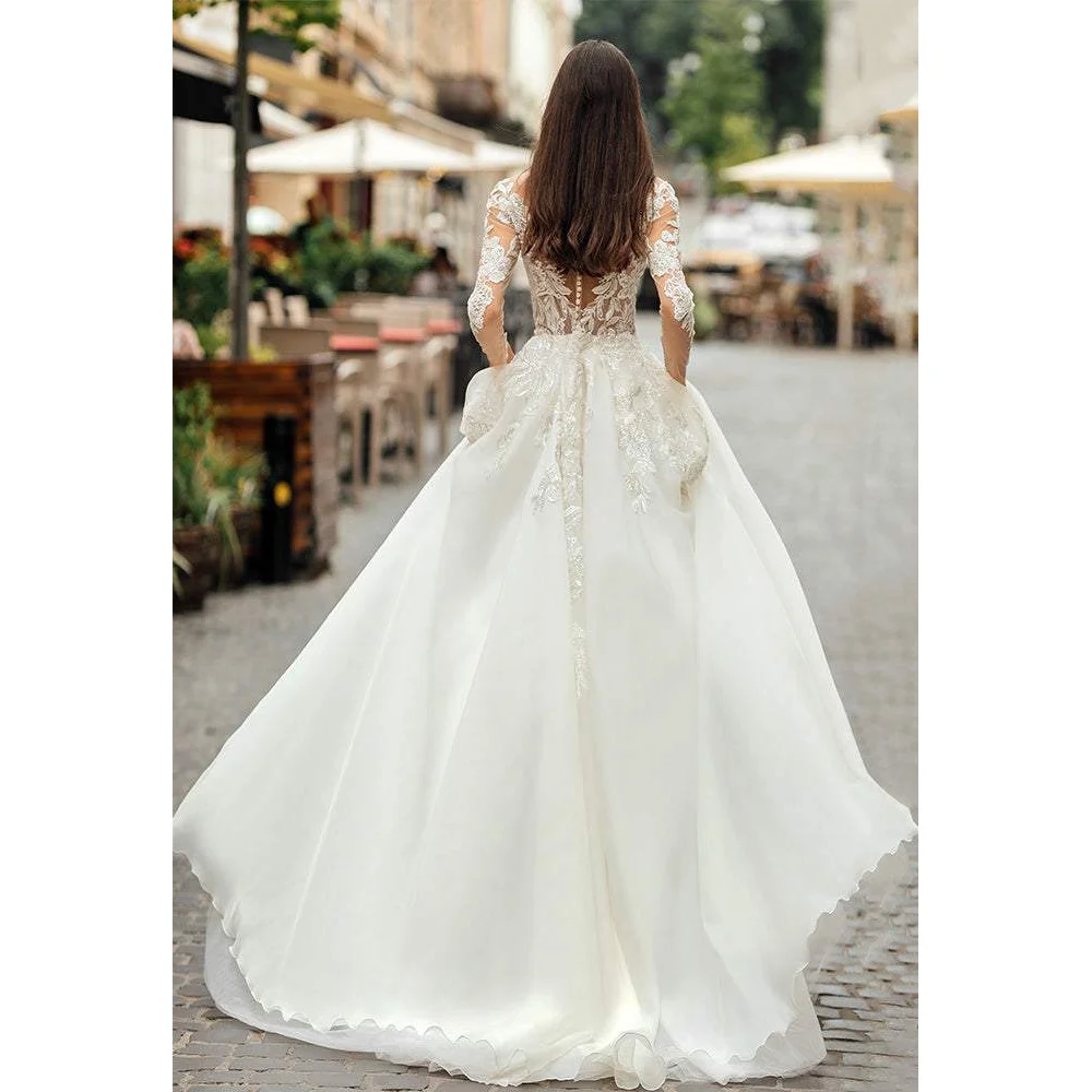 YCJ Deep V Neck Wedding Dresses A Line Applique Lace Bridal Grown Sweep Train Customized Long Sleeves Ball Gown свадебное платье