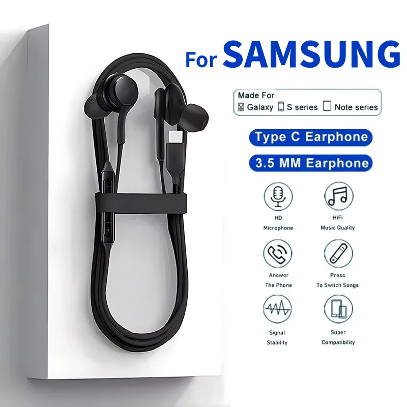 Original Type C Wired Headphones For Samsung S25 S24 S23 S22 S21 S20 3.5mm Jack In-ear Earbuds Note10 Xiaomi Redmi VIVO Earphone