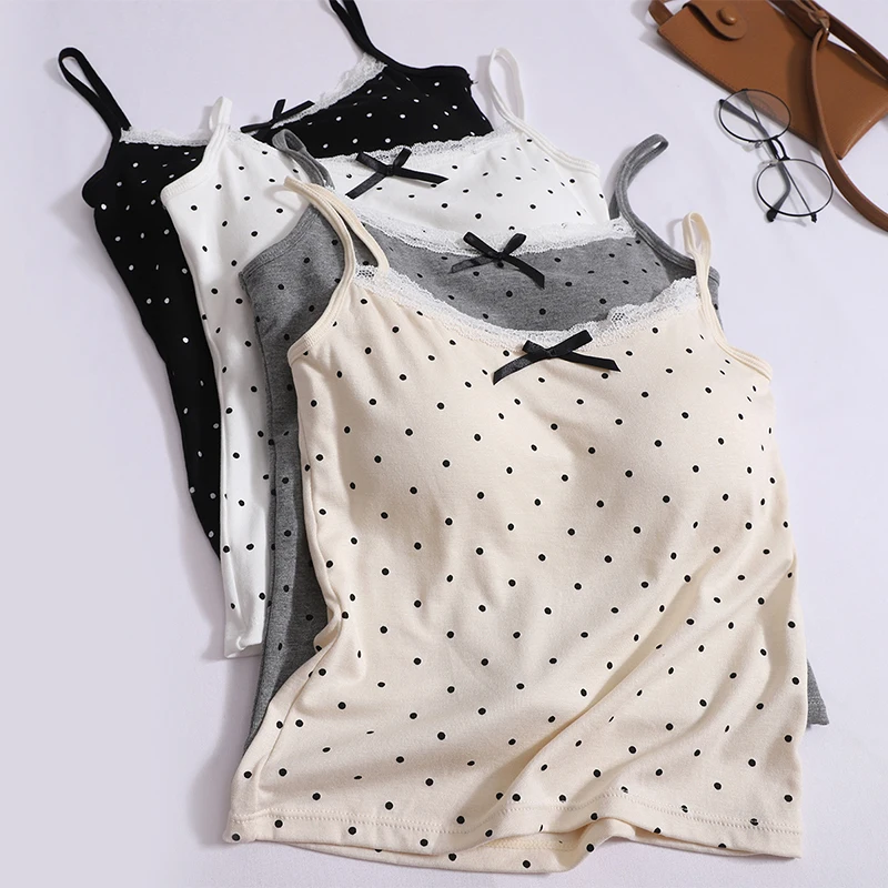 Women Summer Sweet Polka Dot Lace Edge Tank Tops Bow New Inner Layer Bottom Shirt With Bra Pad Slim Backless Sexy Basic Crop Top