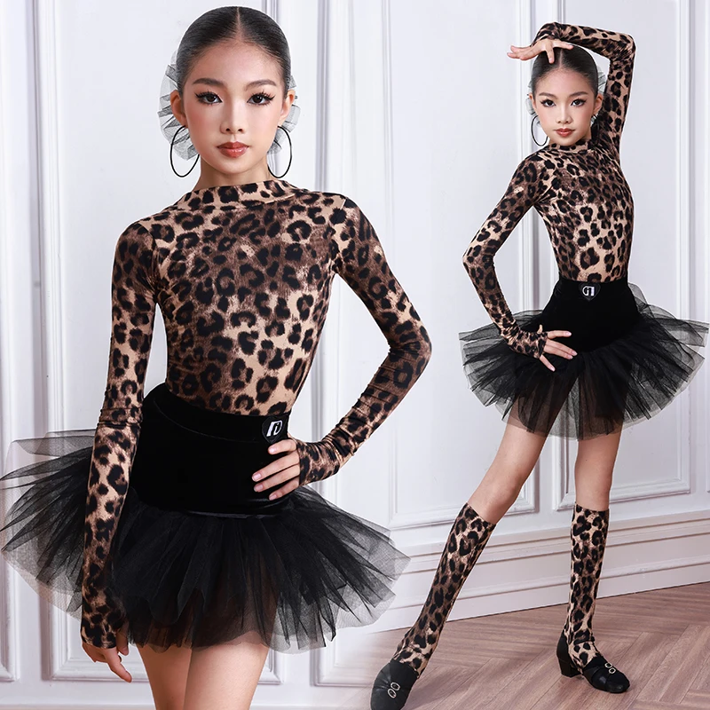 Winter Latin Dance Kleidung Mädchen Praxis Tragen Leopard Print Latin Training Outfit Langarm Body Schwarz Mesh Rock AMY2954