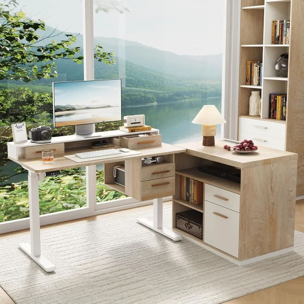 

Electric Height-Adjustable Desk with Side Cabinet, Light Walnut, for Home & Office Use