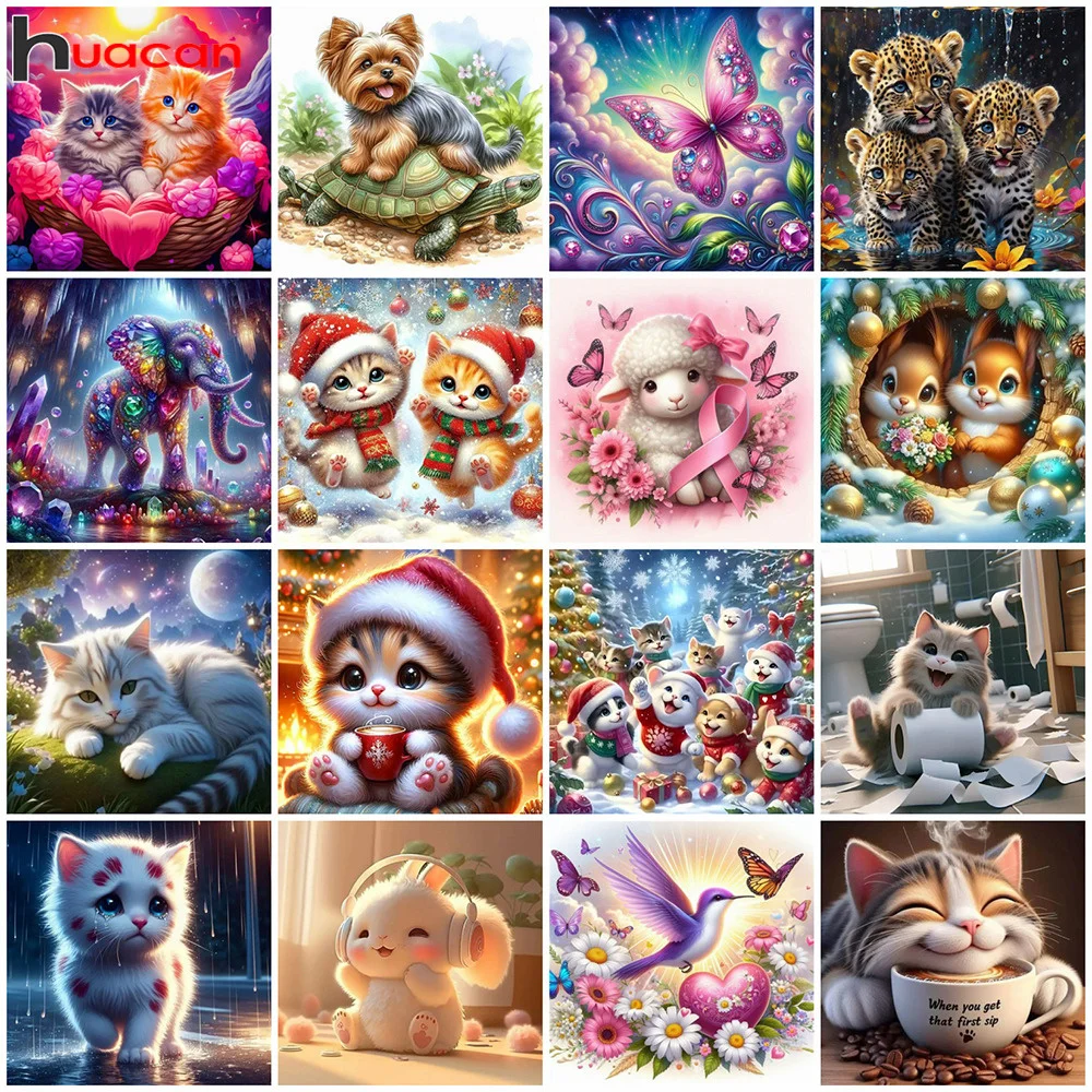 Huacan Diy Diamond Painting Animal Cat Rhinestone Pictures Full Round Diamond Mosaic Cartoon Home Decor Christmas Gift