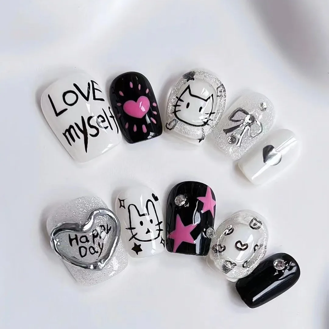 

10 шт., милые крутые граффити, розовое сердце, звезда, короткие квадратные накладные ногти ручной работы, милый мультяшный кот, металлический серебряный бант, накладные ногти