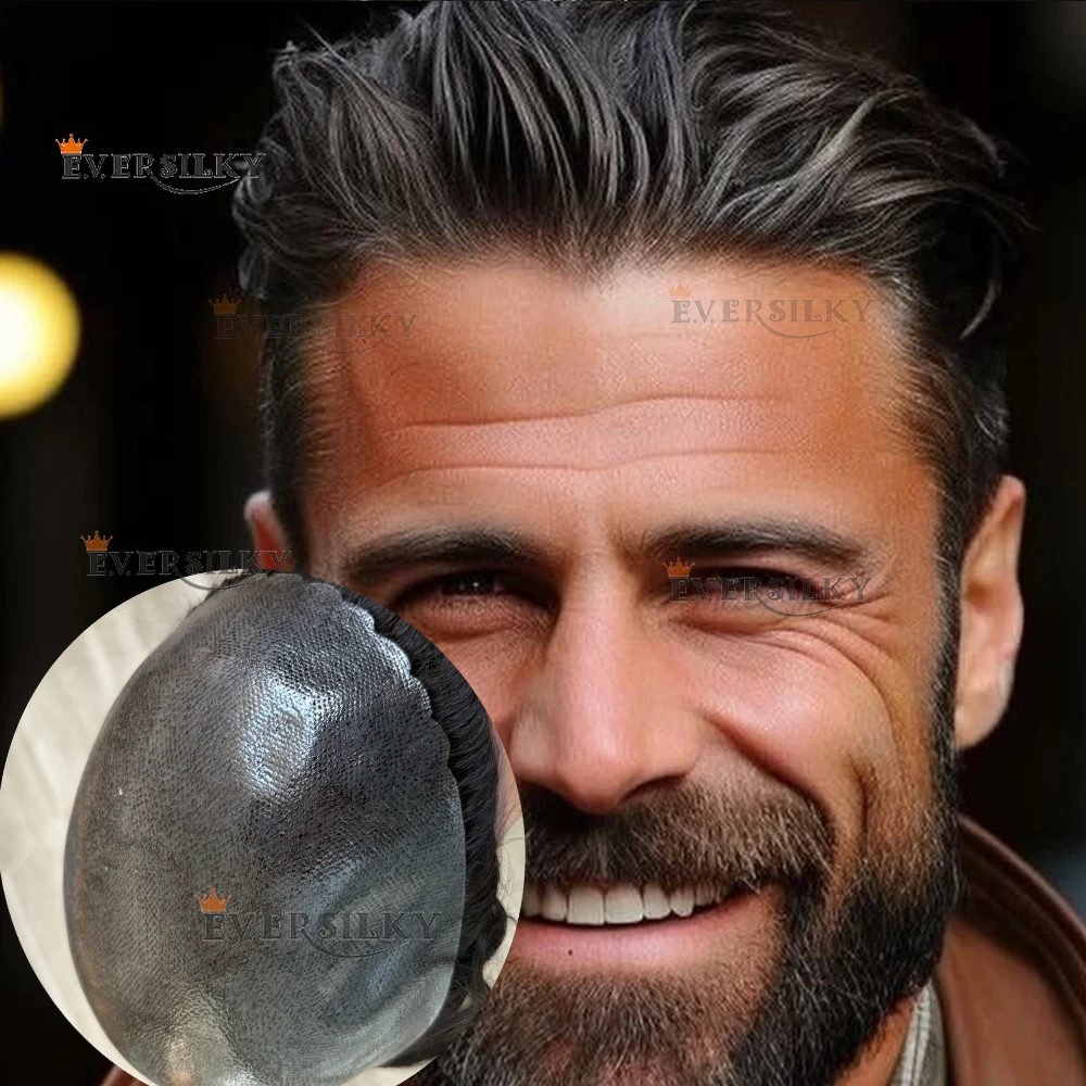 

Strong 0.1mm Skin Men Natural Black Human Hair Invisible Hairline Men Toupee Super Durable Poly Skin PU Base Grey 1B20 Brown Wig