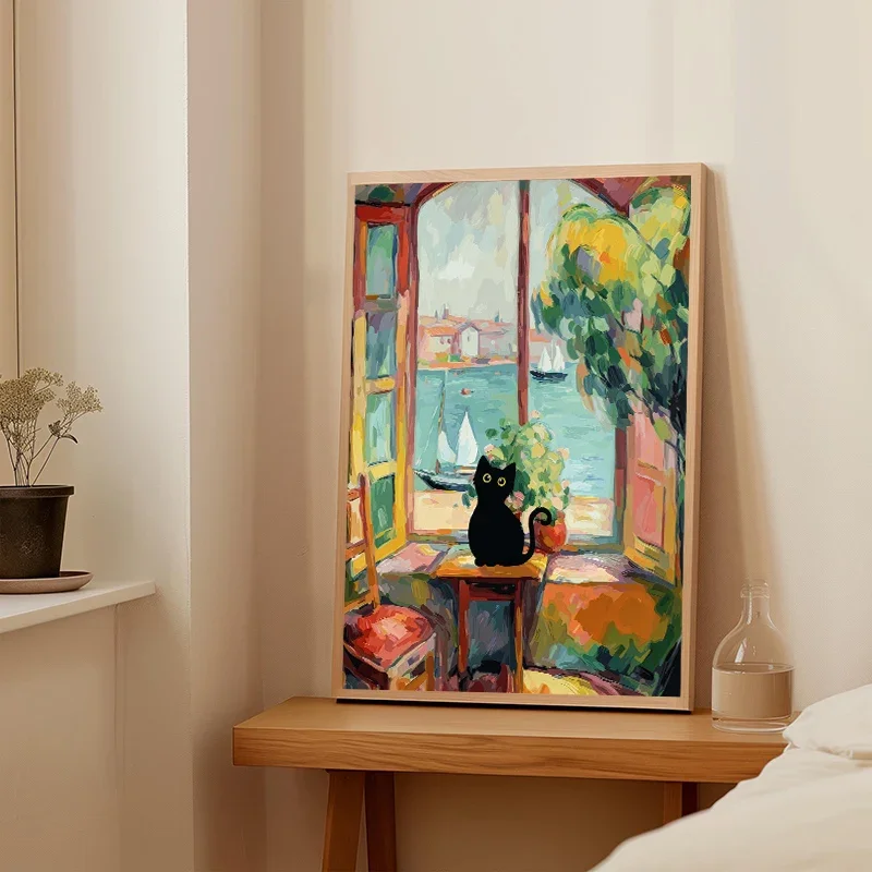 Multiple sizes 1pc frameless Canvas Painting,Vintage Funny Black Cat Open Windows View Landscap Poster Mediterranean Sea Boat Wa