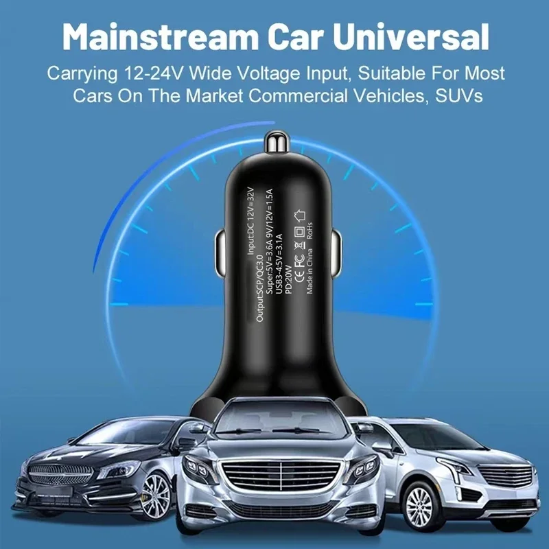 USB C Car Charger Adapter 4 USB A and 2 PD Super Fast Charge with Voltage Monitor for iPhone Samsung Huawei Vivo OPPO Oneplus