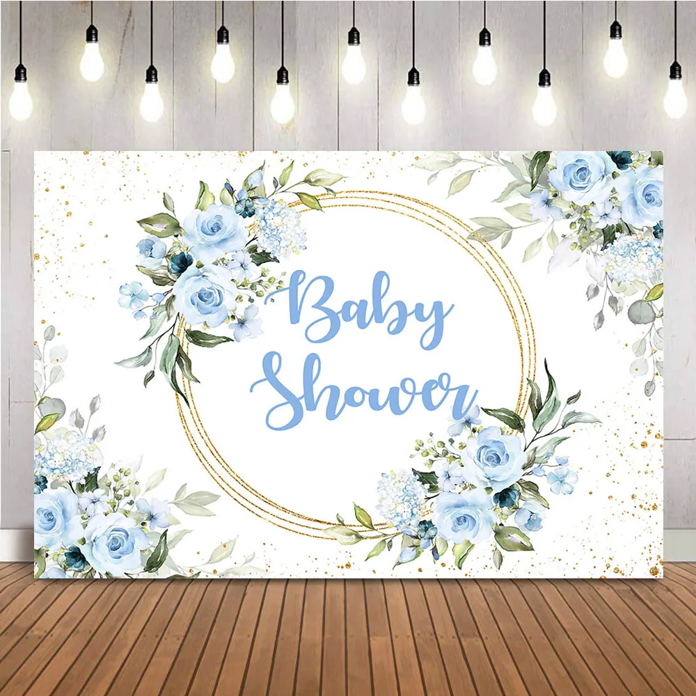 Baby Shower Baptism Backdrop for Boy God Bless Photo Background Blue Flowers Gold Glitter Shining Dots Photocall Backdrops Prop