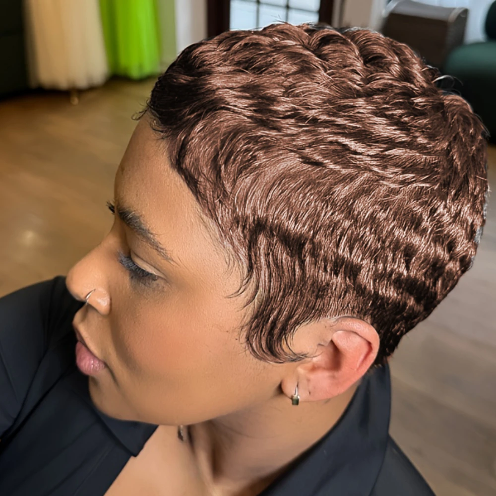 ピクシーカットカーリーウェーブ人毛ウィッグ 女性用 フルマシンメイドウィッグ デイリーウェア＆パーティー用 密度150% 4インチ