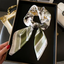 Luxury 2024 Floral Print Square Silk Scarf for Women Hijab Hair Bands Neckerchief Female Satin Shawl Ribbon Headband Fashion