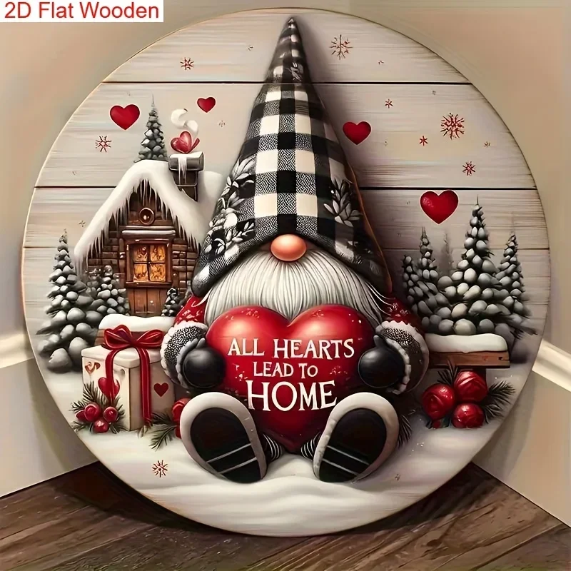2D Flat, 1pc Festive Gnome Christmas Wooden Sign - Snowy Winter Scene with 