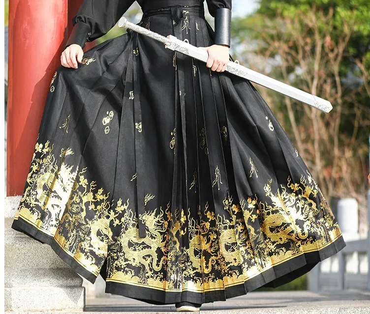 Duży rozmiar 4XL Chińska spódnica z twarzą konia Hanfu Mężczyźni Strój imprezowy Vintage Hanfu Czarna koszula Plisowana spódnica dla kobiet Plus rozmiar 3XL