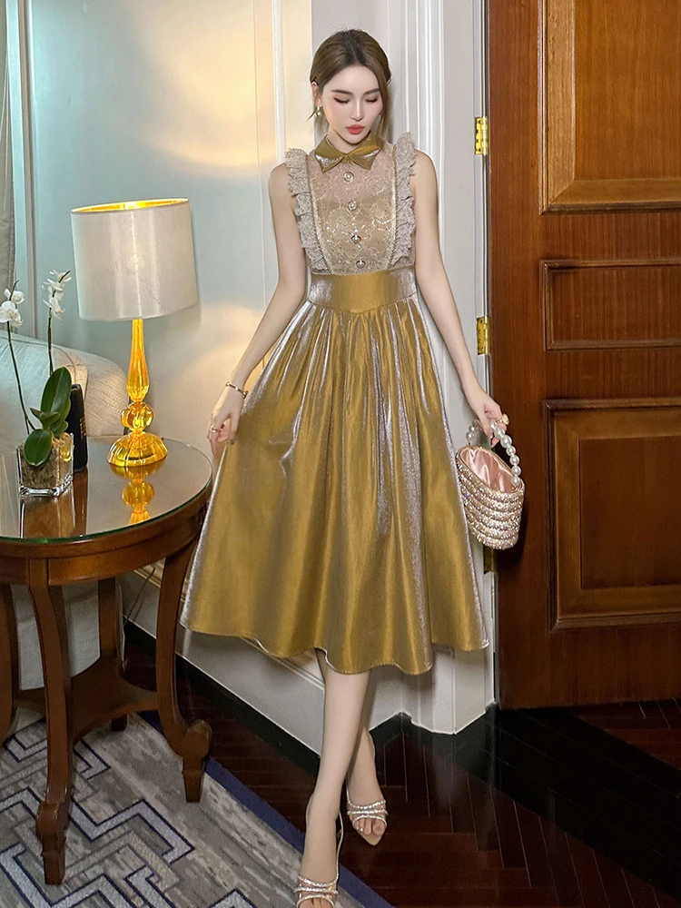 แฟชั่นฤดูร้อนใหม่ลูกไม้ Splic ชุดราตรีเสื้อผ้าผู้หญิงหวานบินแขน Slim Midi A-Line Party Prom Vestidos Fiesta Robe