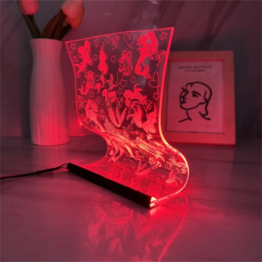 LED Scroll Lamp Mermaid 3D Atmosphere Mood Light Sea Series Acrylic Night Lamps Popular Cartoon Art Decor Lamp 3/7 Colors Remote