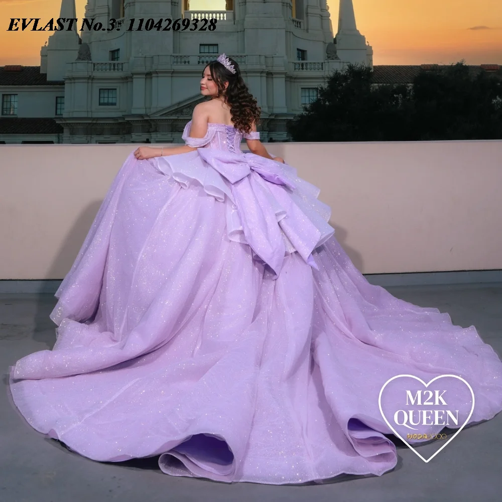 EVLAST Customized Mexican Lilac Quinceanera Dress Ball Gown Shiny Applique Beading Corset Bow Sweet 16 Vestido De 15 Anos E3Q225
