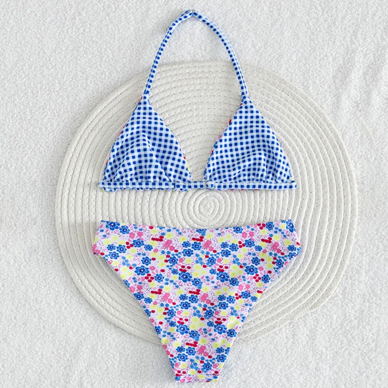 Girls Floral Swimsuit Suits Reversible Kids Bikini Set Children Summer Beach Swimwear Big Girls Printed Pool Clothing 8-12 Years