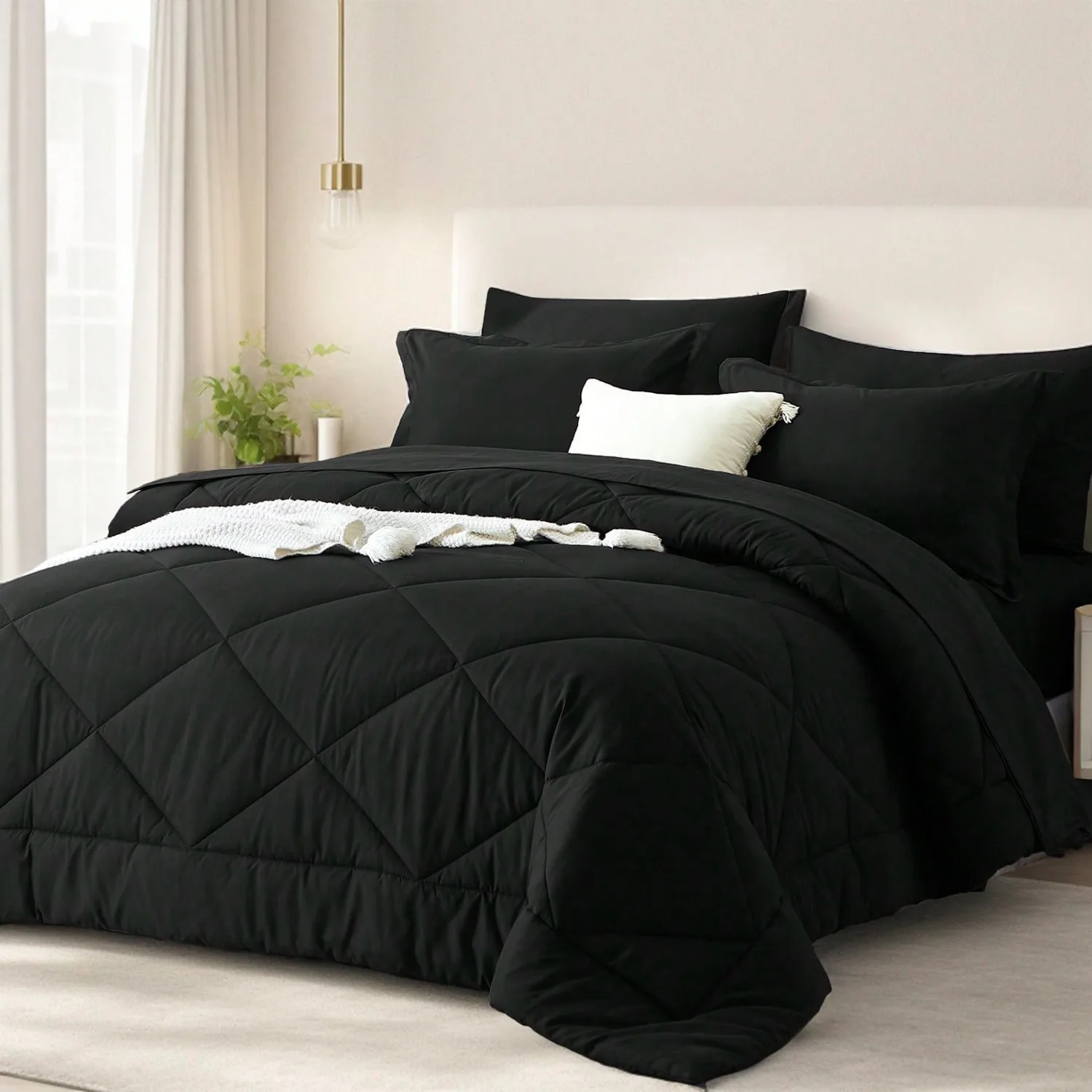 5/7 Piece Solid Color Bed Comforter Set Queen, Creative Geometric Pattern Design, Soft And Comfortable Summer Bedding Set.Bed In A Bag For All Seasons, Includes Comforter, Flat Sheet, Fitted Sheet, Pillowcases, Ideal Gift.