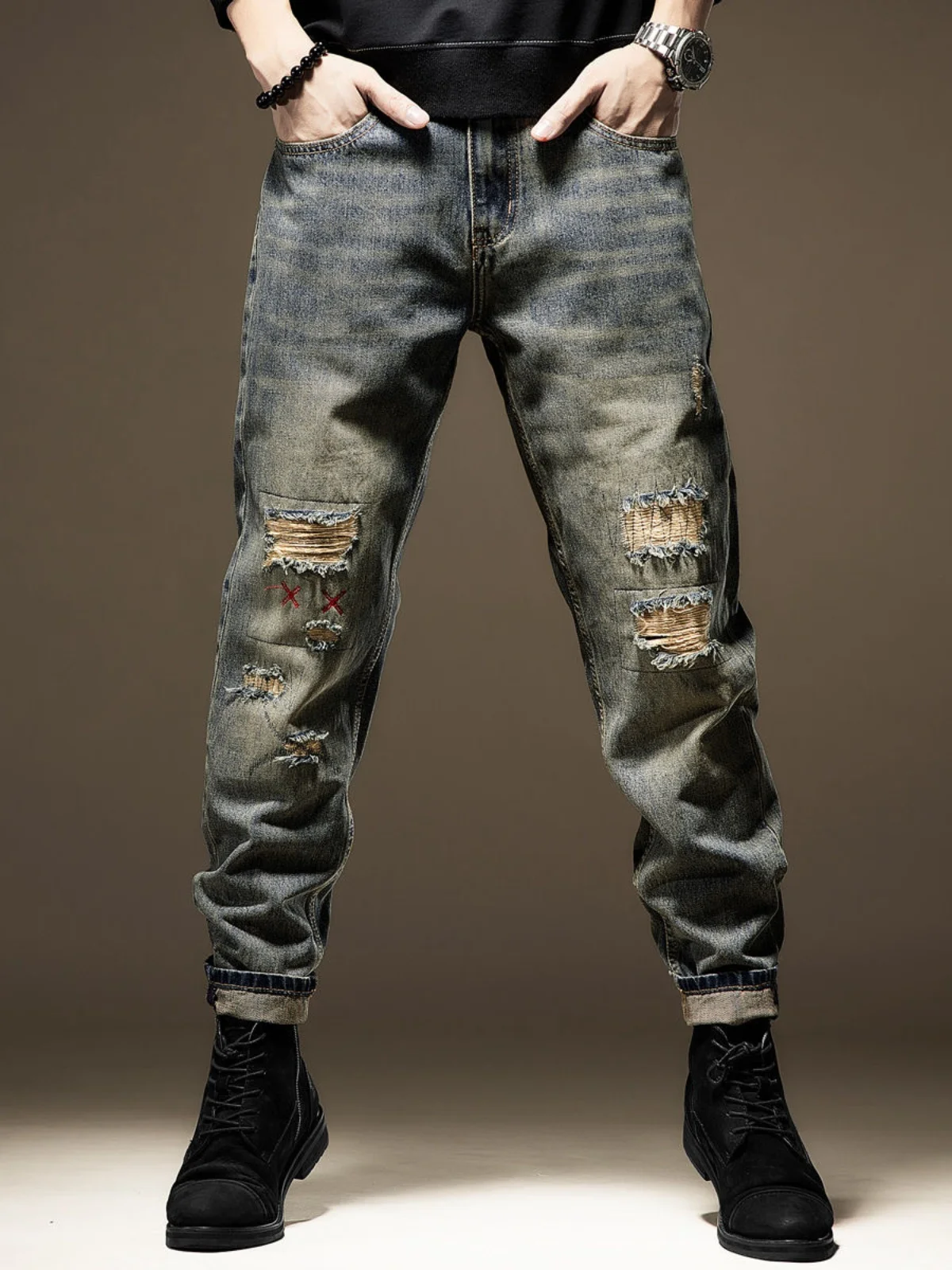 

Retro Patchwork American Sle Men's Jeans Spring Loose Straight Leg Large Size Heavyweight Distred Trendy Long Trousers