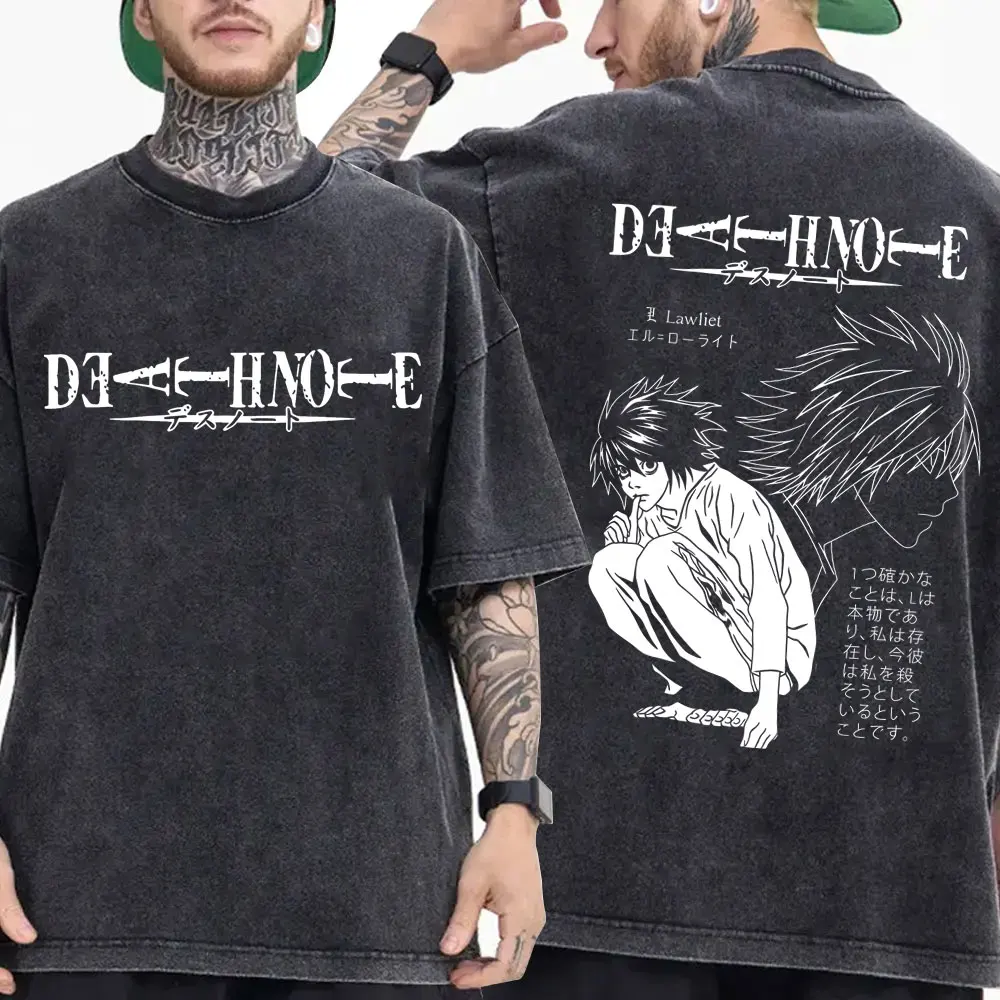 

Washed Vintage Anime Death Note T-shirt Yagami Light Graphic T Shirts Men Women Cartoon Manga Oversized T-shirts 90s Streetwear