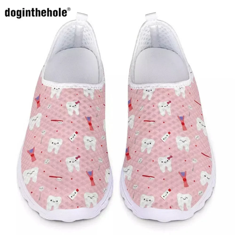 Cute Cartoon Tooth Print Flats Women Shoes Mesh Slip On Casual Sneakers Woman Comfortable Dental Loafers For Female