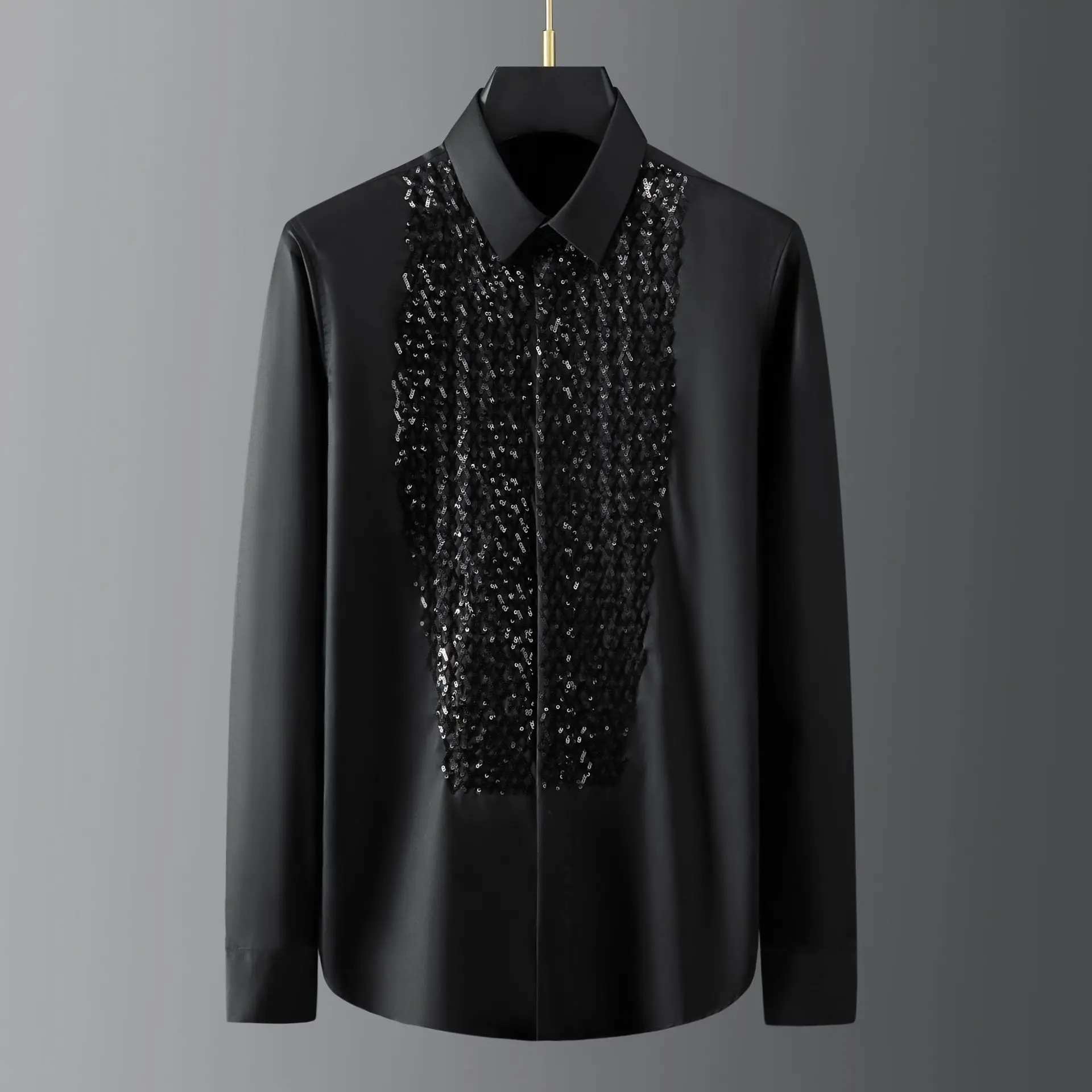 

Trendy brand Spring and Autumn Palace style pearl embroidered slim fit long sleeved men's business casual personalized shirt