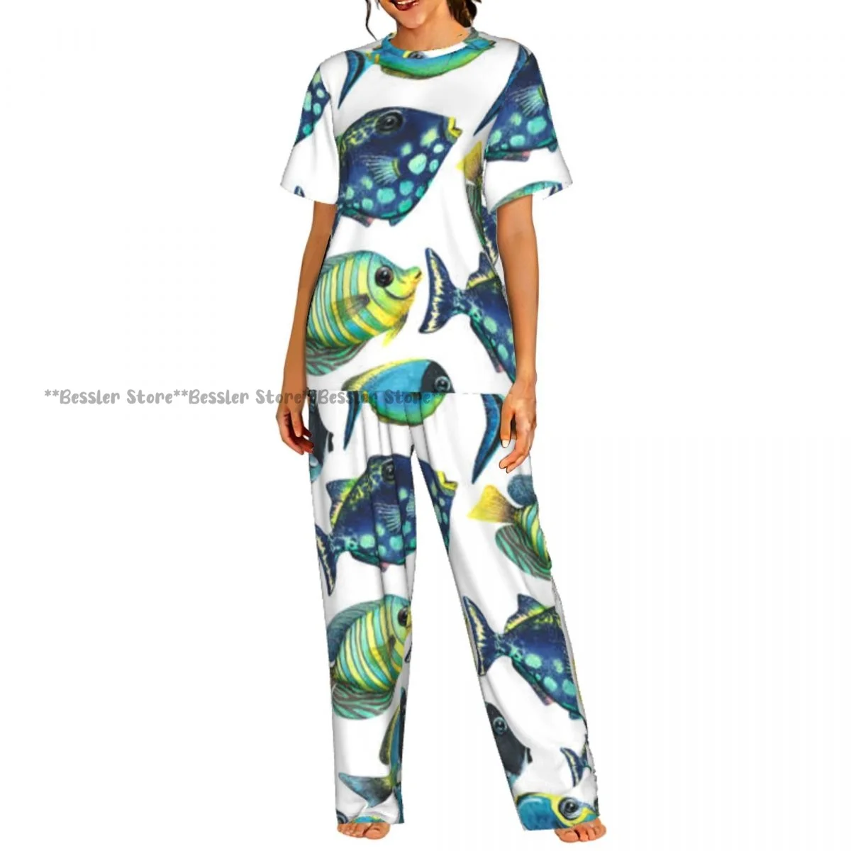 Women's Comfort Pajamas Women's Tropical Fish- Watercolor Short Sleeve Set Sleepwear