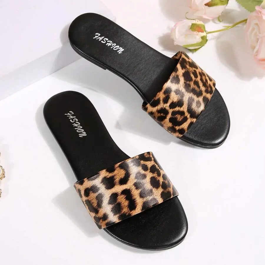 Elegant Outerwear Fashion Flat Leopard Print Flip-Flops for Women, New Style, Single Strap, Beach Sandals, Large Size view 5