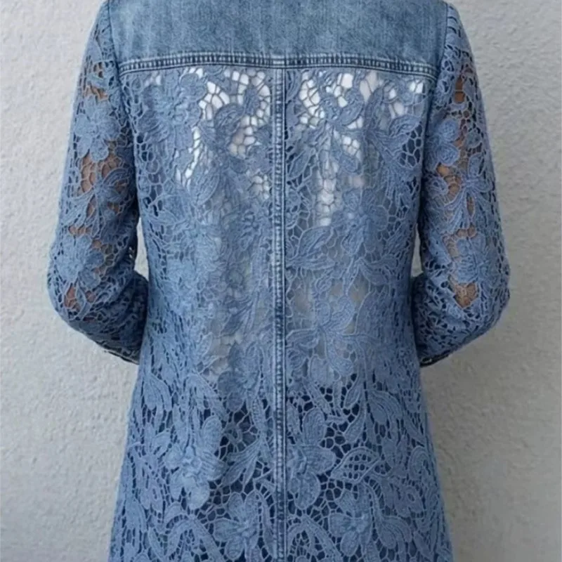 Vintage Hollow Out Floral Lace Spliced Denim Jacket Women Notched Lapel Single Button Long Sleeve See Through Casual Blazer Coat