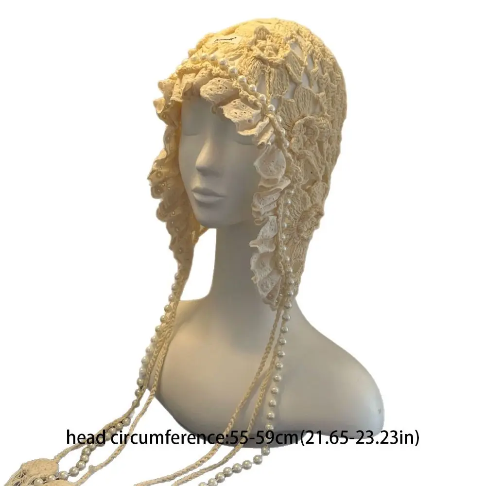 Pearl Tassels Crochet Flower Knitted Hat Bohemian Style Thin Lace Beanies Hollow Out Korean Ethnic Style Hat Apparel Accessories